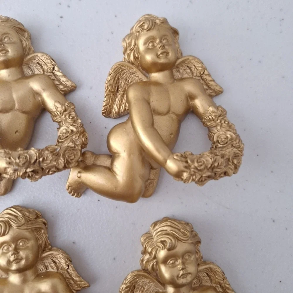 8 Ornate Resin Cherub Angel Napkin Ring Holders Gold Tone Painted Vintage HEAVY